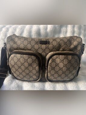 Gucci Beige Brown GG Canvas Messenger Bag with Dual Front Pockets
